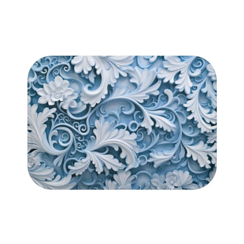Serene Sky Blue Filigree Bath Mat - Ornate Floral Relief Architectural Decor
