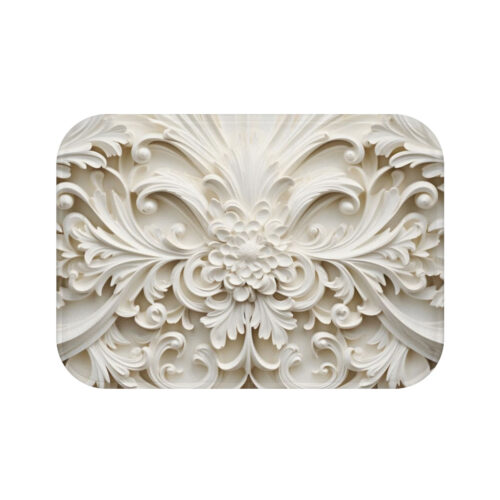 Ornate Neoclassical Bas Relief Bath Mat - White Architectural Sculpture Decor