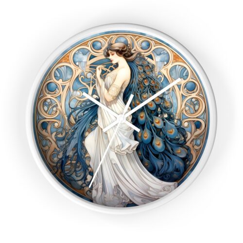 Art Deco Muse Wooden Wall Clock — 10" Plexiglass Face, Woman with Flowing Hair