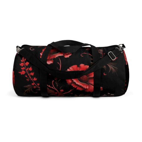 Red Floral Duffel Bag — Dark Background Travel Tote
