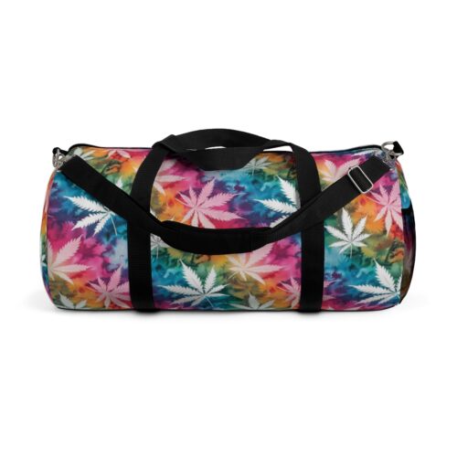 Tie-Dye Marijuana Leaf Duffel Bag — Repeating Cannabis Print Travel Bag