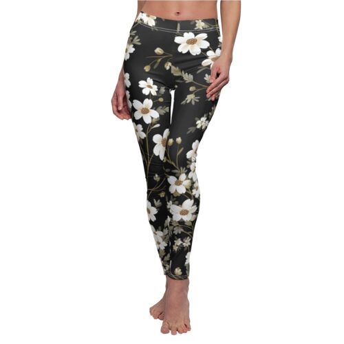 Dark Botanical White Floral Leggings – Elegant Daisy Print