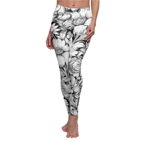 Monochrome Stylized Floral Leggings – Black & White Art