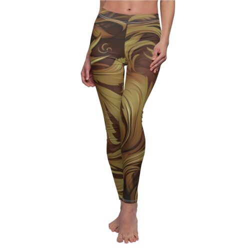 Earthy Bohemian Tan & Gold Floral Leggings – Autumnal Motif