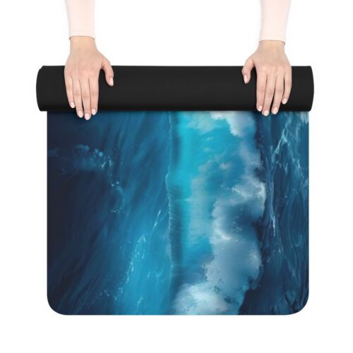 Breaking Waves Rubber Yoga Mat — Dramatic Dark Blue Ocean Surf Design