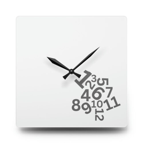 Tumbling Numerals Grey Acrylic Wall Clock — Minimalist Scattered Numbers Design