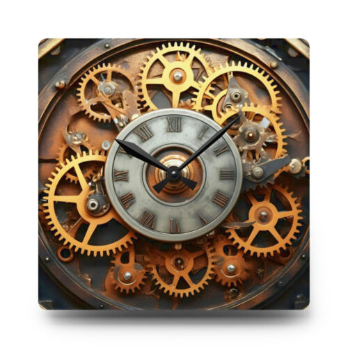 Rusted & Broken Acrylic Wall Clock — Distressed Cog Art Timepiece