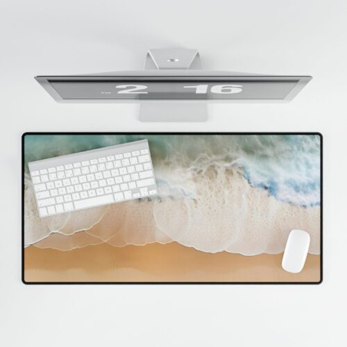 Waves on the Beach Desk Mat — Overhead Coastal Mouse Pad for Office & Home