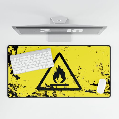 Grunge Flammable Material Icon Desk Mat — Distressed Yellow Safety Design