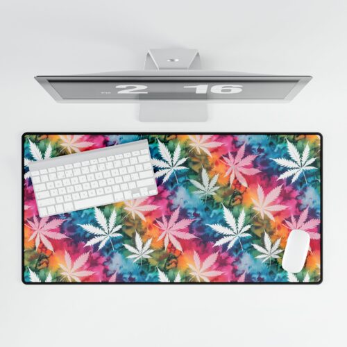 Tie-Dye Marijuana Leaf Desk Mat — Colorful Cannabis Desk Pad