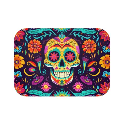 Vibrant Day of the Dead Sugar Skull Bath Mat - Colorful Floral Decor