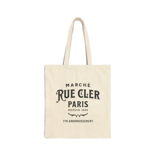 Rue Cler Paris Market Cotton Canvas Tote - Market Typographic Design and Eiffel Tower Illustration